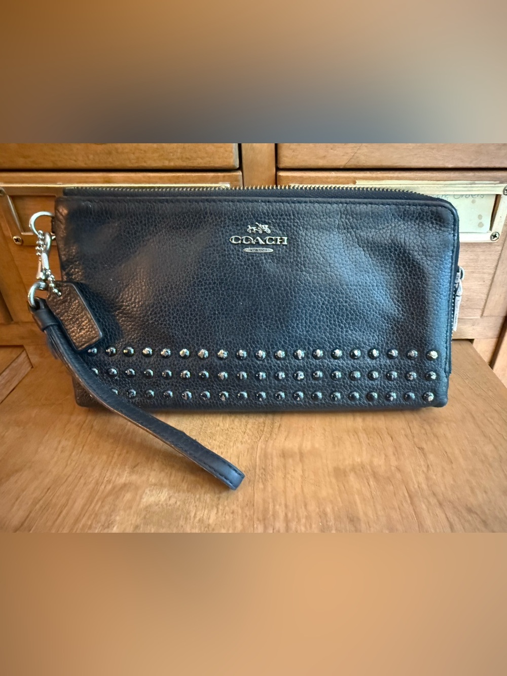 Coach Black Leather Studded Wristlet Clutch